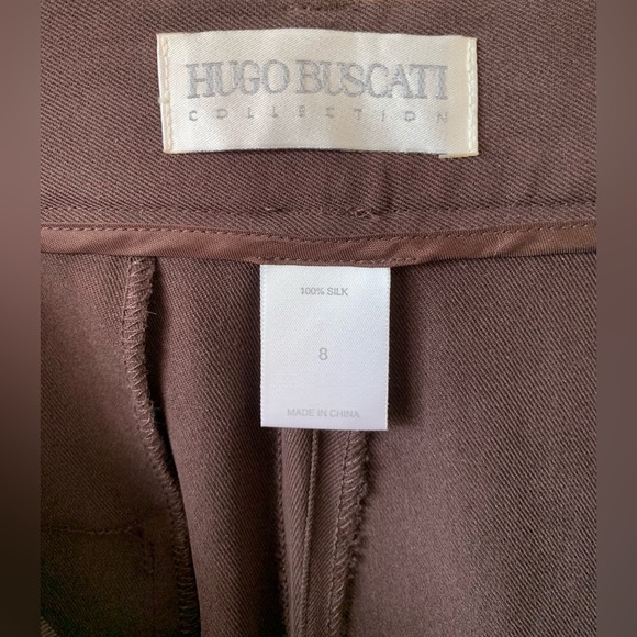 TROUSERS PANTS Vintage Hugo Buscati 100% Silk Twill Pleated Chocolate Brown NWT - Picture 2 of 5